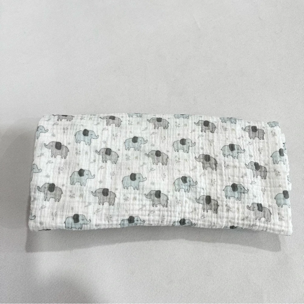 Modern Baby Cotton Elephant Print Baby White Gray Teal Blanket Swaddle 44 X 33 - Picture 2 of 6